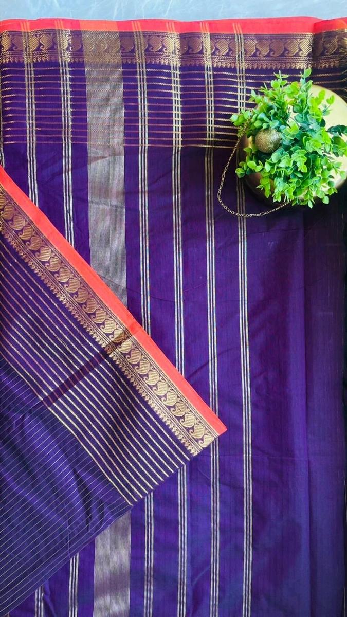 Kanchi Cotton Stripes Saree - Royal Purple image 2