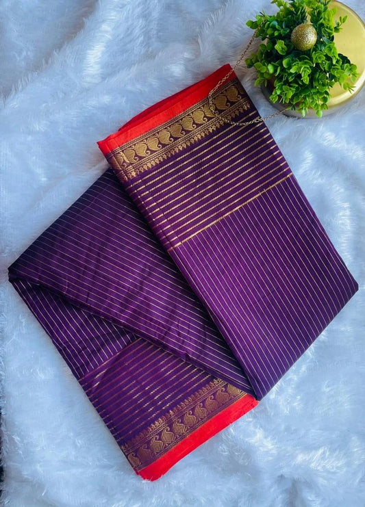 Kanchi Cotton Stripes Saree - Royal Purple image 0