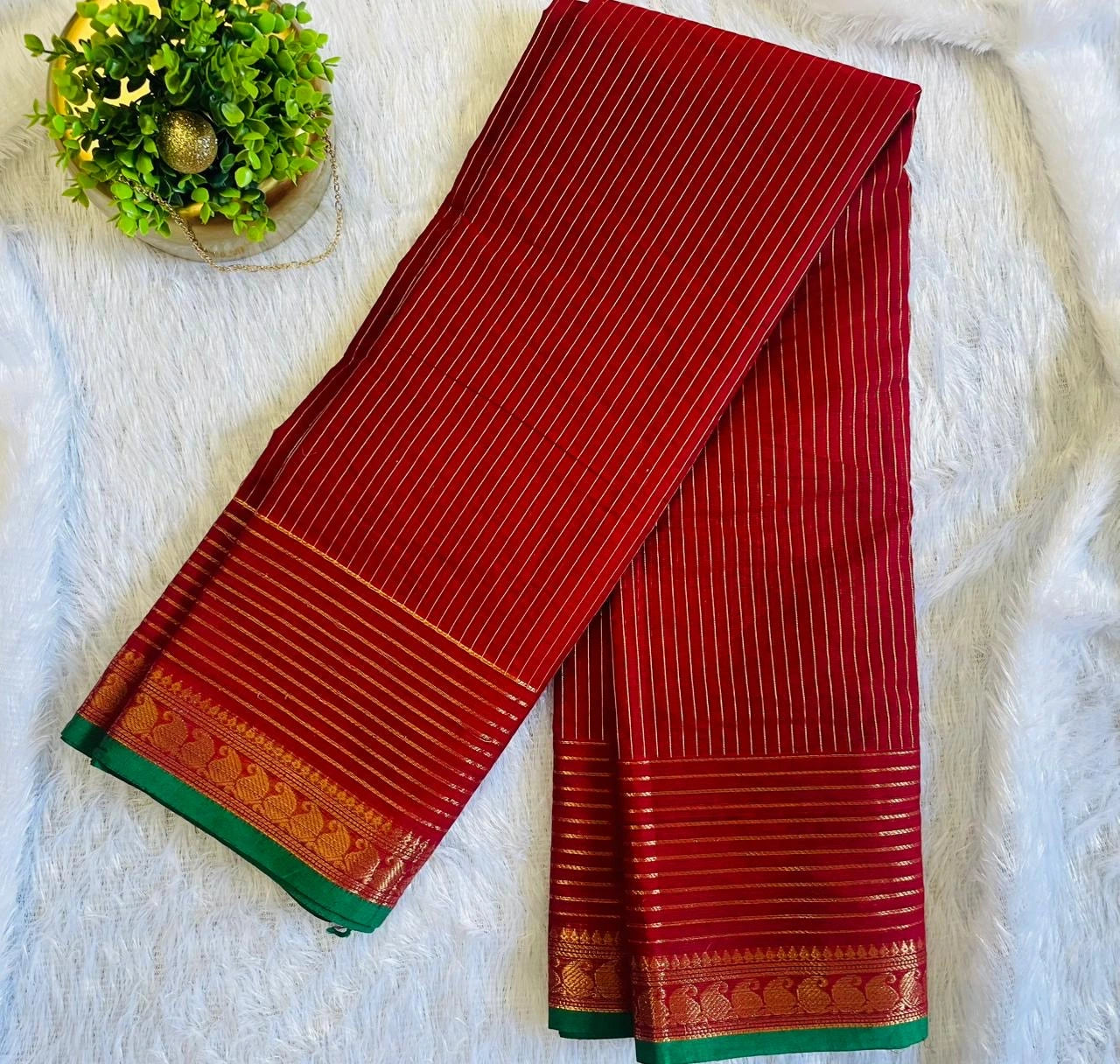 Kanchi Cotton Stripes Saree - Deep Red image 0