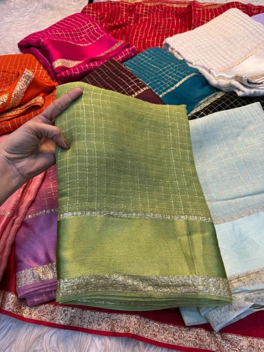 Pure Viscose Checks Saree - Green image 0