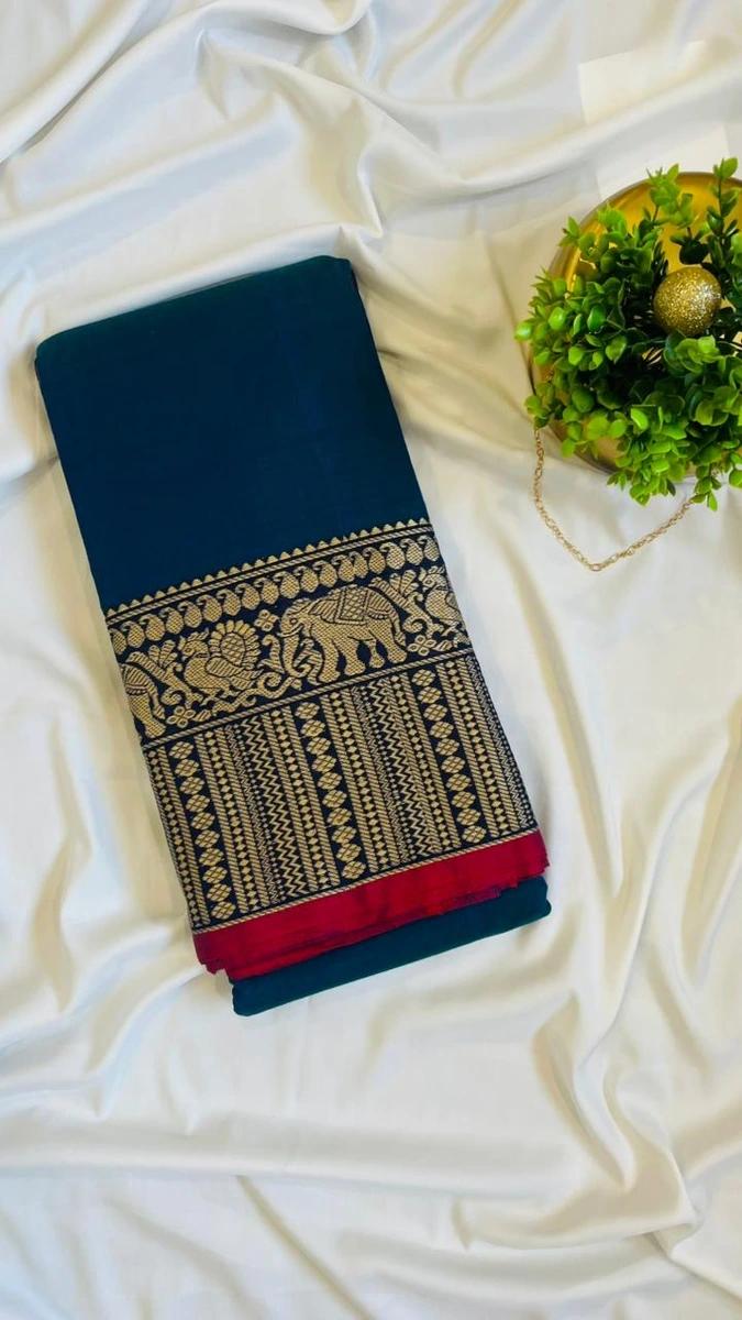 Narayanpattu Elephant Border Saree - Peacock blue image 0