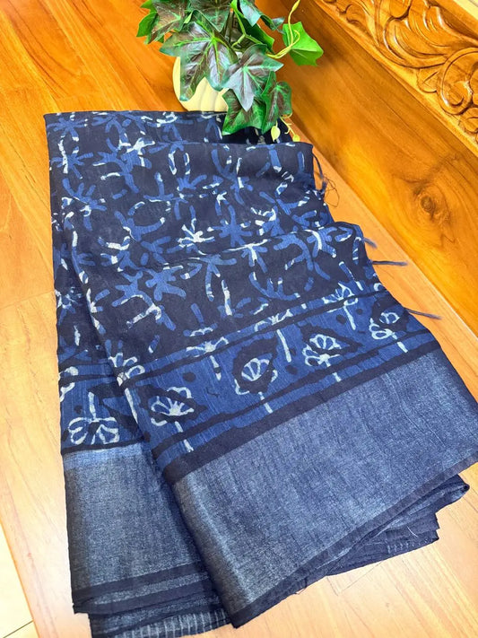 Linen Cotton Saree - INDIGO