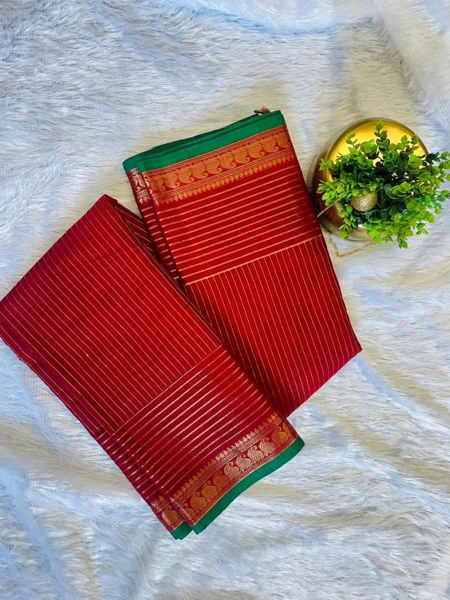 Kanchi Cotton Stripes Saree - Deep Red image 2