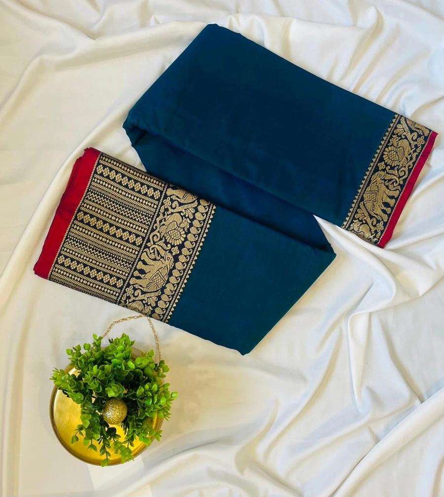 Narayanpattu Elephant Border Saree - Peacock blue image 2