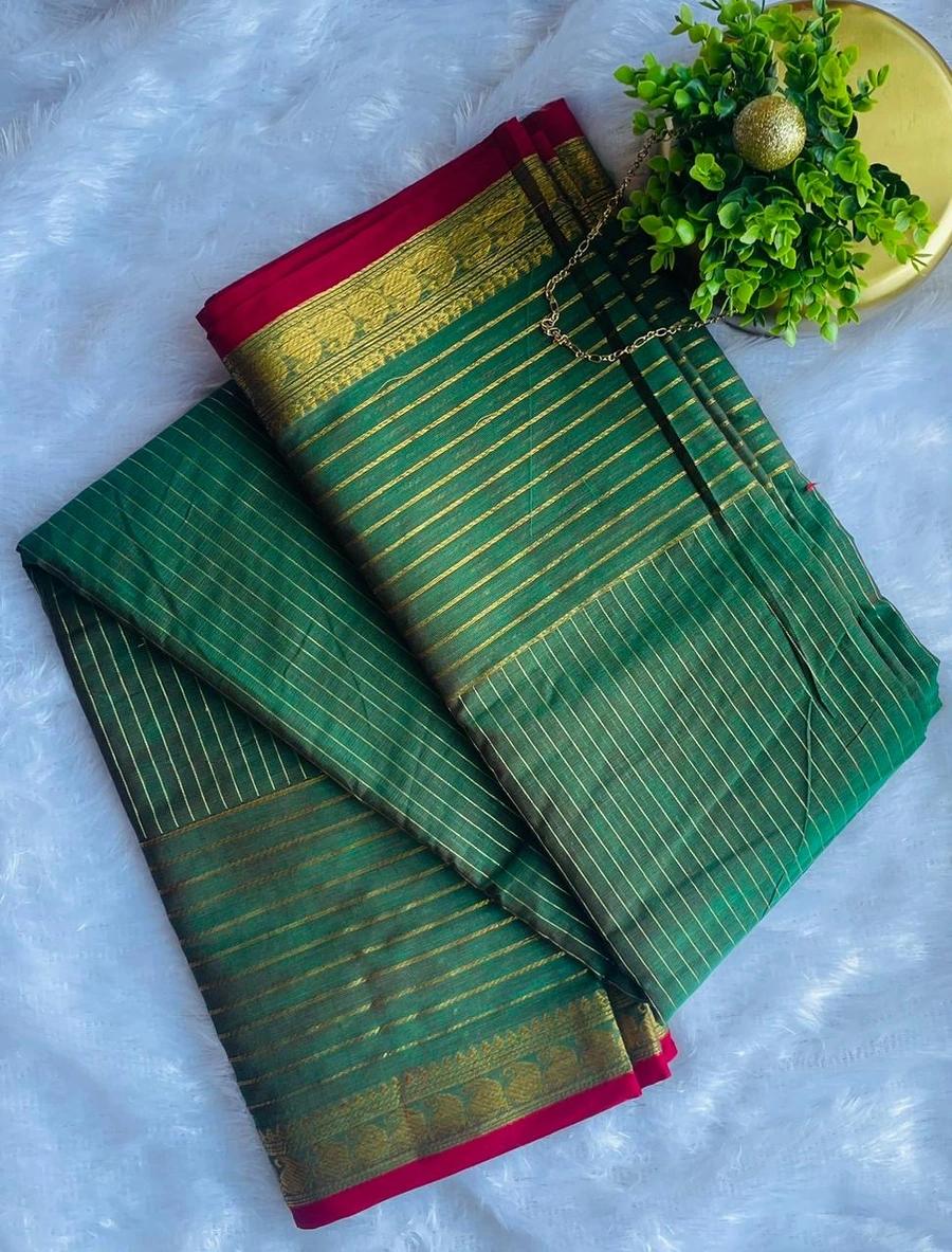 Kanchi Cotton Stripes Saree - Deep Green image 1