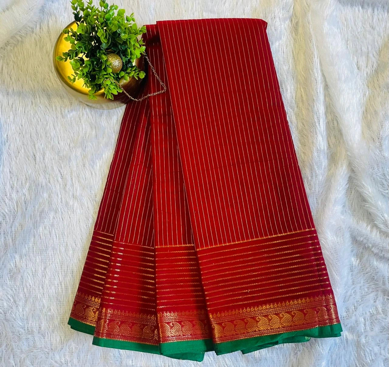 Kanchi Cotton Stripes Saree - Deep Red image 3