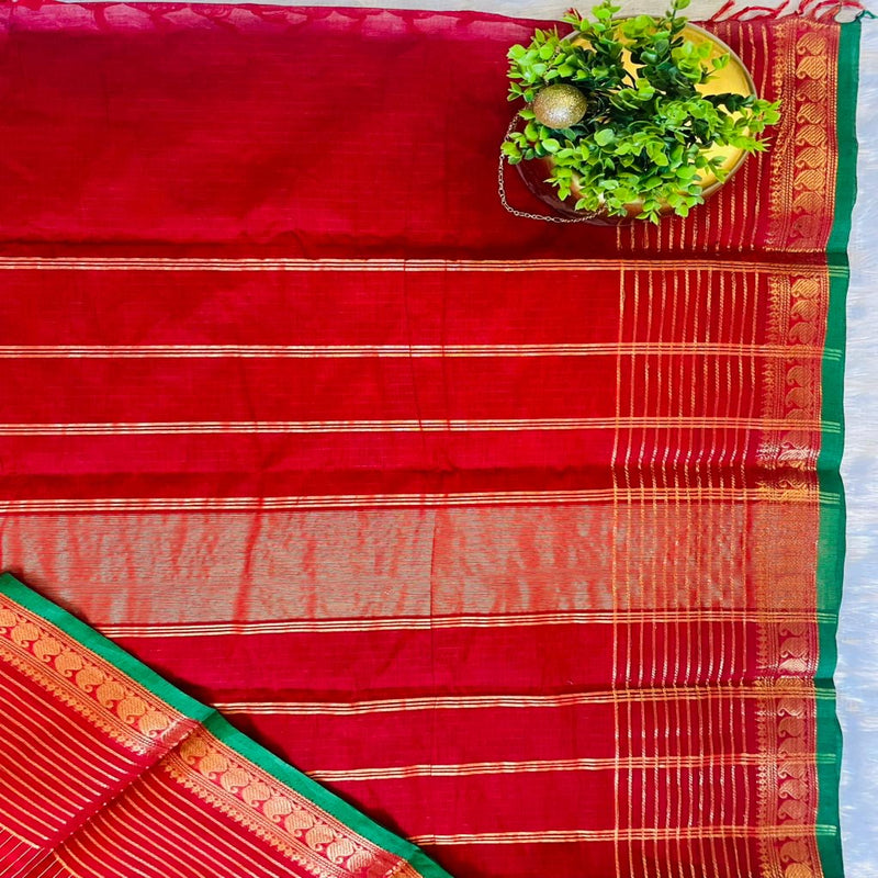 Kanchi Cotton Stripes Saree - Deep Red image 1