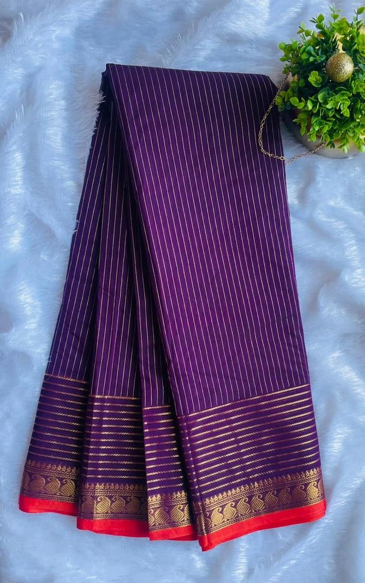 Kanchi Cotton Stripes Saree - Royal Purple image 1