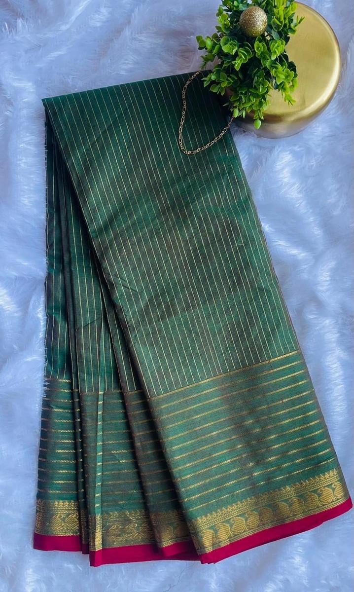 Kanchi Cotton Stripes Saree - Deep Green image 2